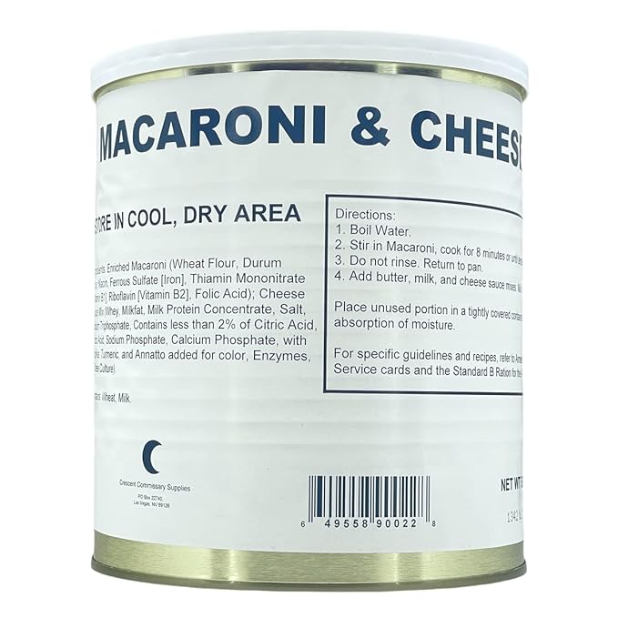 Military Surplus Freeze-Dried Uncooked Macaroni and Cheese – 24 Servings per Can – 58 oz – Easy Prep Survival Food with 25+ Year Shelf Life – Emergency Food Supply for Camping, Hunting, Backpacking, and Long-Term Storage