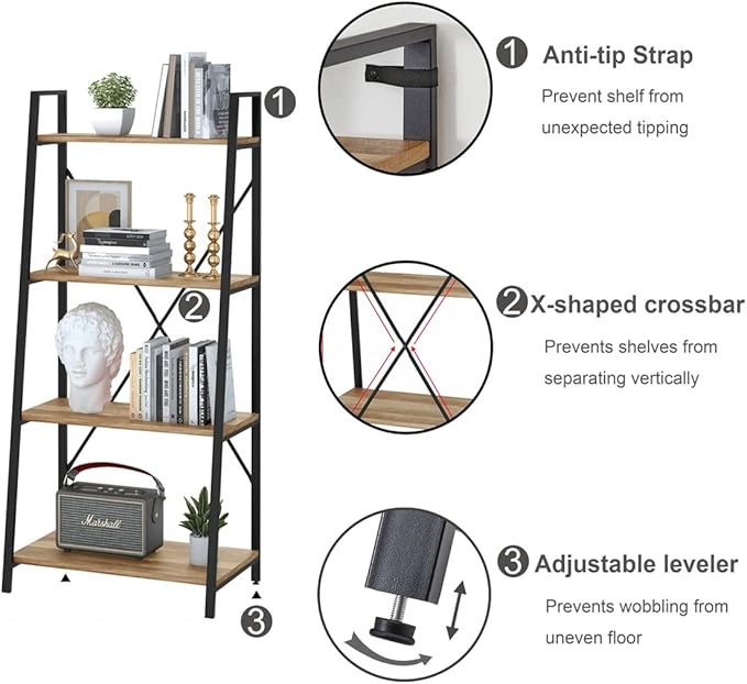 BON AUGURE Farmhouse Ladder Shelf Bookcase, 4 Tier Rustic Ladder Bookshelf, Standing Leaning Book Shelves for Living Room (Vintage Oak)