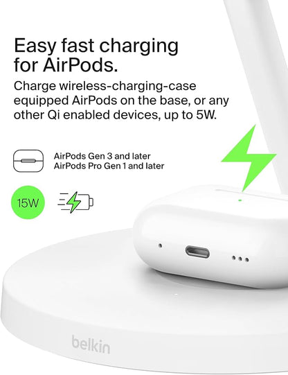 Belkin MagSafe-Compatible Charger, 3-in-1 Wireless Charging Station, Qi2-Certified 15W Wireless Charge for Apple iPhone 17 Series, Apple Watch, AirPods w/Non-Slip Base, 40W Included - Black