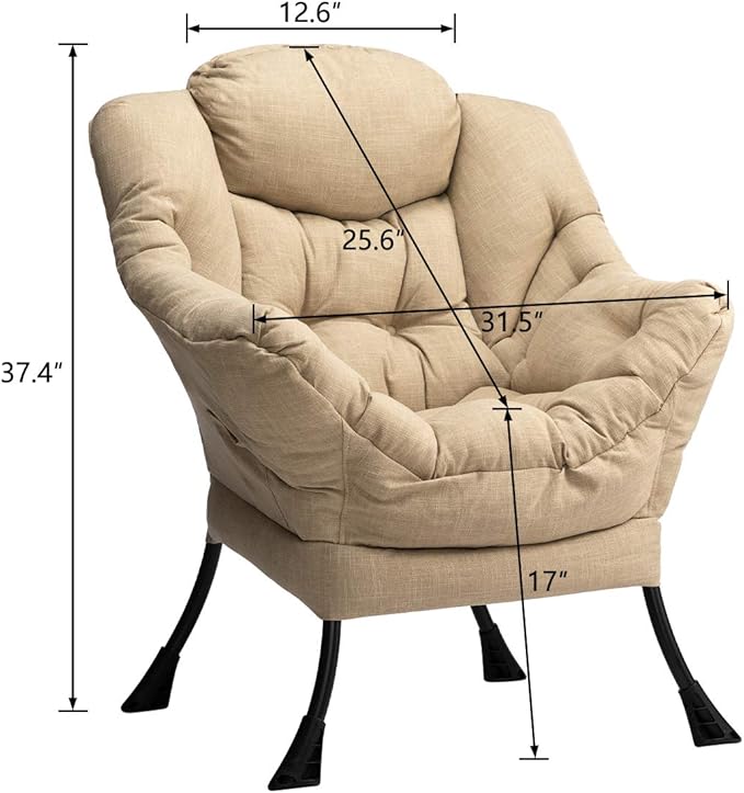 HollyHOME Modern Fabric Large Lazy Chair, Accent Oversized Comfy Reading Chair, Thick Padded Cozy Lounge Chair with Armrest, Leisure Sofa Chair for Living Room, Bedroom, Dorm, Coffee&White
