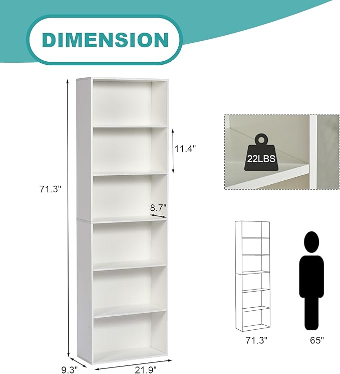 6-Tier Book Shelf, Floor Standing Open Bookcase, Wooden Display Storage Shelves with Anti-Tipping Device, 71" Tall Bookshelf for Bedroom, Living Room and Office, White