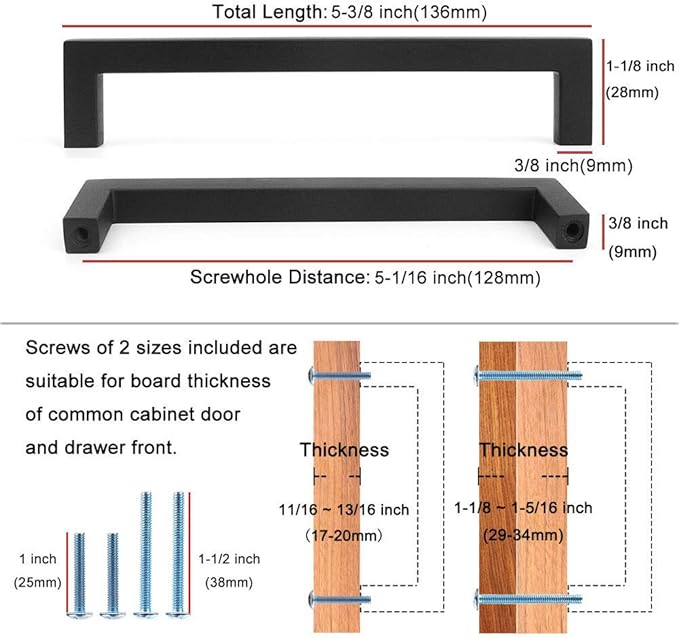 KOOFIZO Solid Square Bar Cabinet Handle - Black Furniture Pull, 5 Inch/128mm Screwhole Distance, 10-Pack for Kitchen Cupboard Door, Bedroom Dresser Drawer, Bathroom Wardrobe Hardware