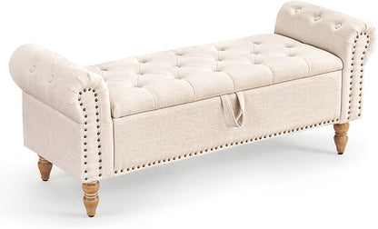 Furniliving 51” Storage Benches, End of Bed Bench with Button-Tufted Large Upholstered Storage Ottoman Linen Window Bench with Storage Shoe Cabinet Bench, for Bedroom, Entryway, Closet, Beige
