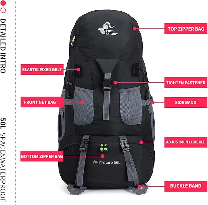 Bseash 50L Hiking Backpack, Water Resistant Lightweight Outdoor Sport Daypack Travel Bag for Camping Climbing Skiing Cycling (Black - No Shoe Compartment)