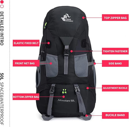 Bseash 50L Hiking Backpack, Water Resistant Lightweight Outdoor Sport Daypack Travel Bag for Camping Climbing Skiing Cycling (Black - No Shoe Compartment)