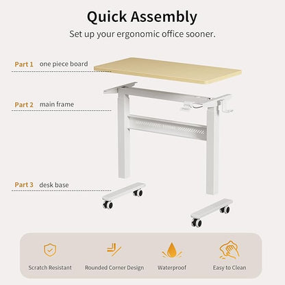Mobile Walking Pad Desk with Wheels, Pneumatic Small Rolling Standing Desk Riser Height Adjustable (28-43.7") for Treadmill, Portable Computer Table for Home Office, Oak