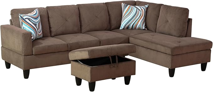 Couches for Living Room Modern L Shaped Couch Comfy Sackcloth Fabric 3 Pieces Sectional Sofa with Chaise, Ottoman with Storage for Office and Small Apartment, Brown