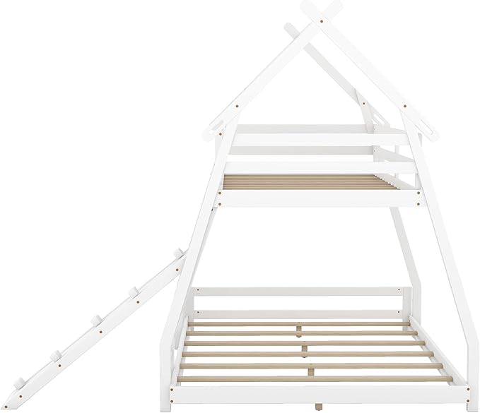 Twin Over Queen House Bunk Bed with Climbing Nets and Climbing Ramp for Kids Teens Boys Girls,Solid Wood Bunk Bed Frame with Safety Guardrails,Playful Design,White