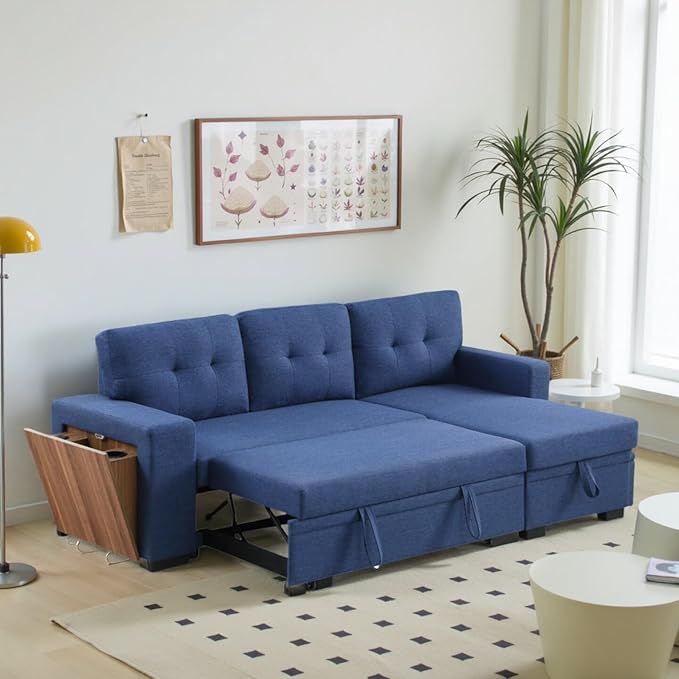 L-Shape Sofa Bed, 92" Sectional Couch with Storage Chaise, Pull Out Sleeper Sofa with Side Compartment, Convertible Corner Couch for Living Room Apartment, Blue