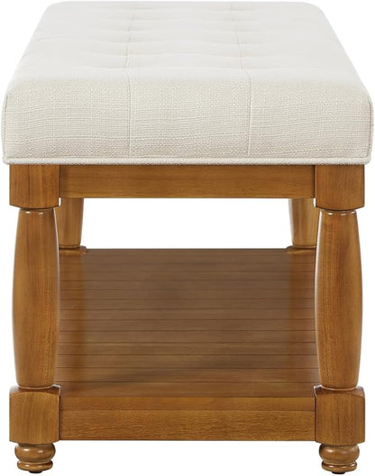 24KF Large Rectangular Upholstered Tufted Bed Bench, Linen Fabric Storage Ottoman Bench for Living Room, Padded Entryway Bench with Solid Wood Shelf,5098-Ivory