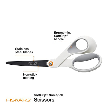 Fiskars 8” Premium Non-Stick Comfort Grip Scissors Ideal for Sticky Materials like Vinyl, Tape, and Glue, with Ergonomic Bent Handles for Precise Tabletop Cutting