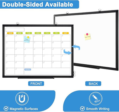 Dry Erase Calendar Whiteboard for Wall, WALGLASS 24" x 18" Magnetic White Board, Monthly Dry Erase Calendar with Black Aluminum Frame, Double-Sided Hanging Portable Board for Office, Home, School