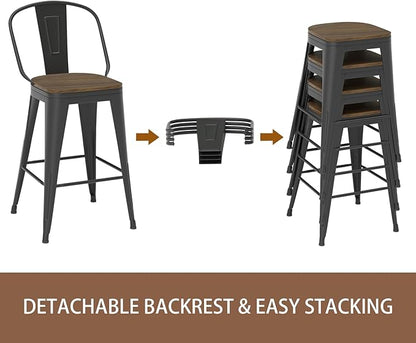 30” Swivel Bar Stools Set of 4, Counter Height Bar Stools Wooden Seat, Metal Industrial Bar Chairs with High Back for Kitchen Island (Black)