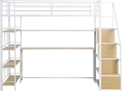 Twin Size Metal Loft Bed with Staircase,Full-Length Guardrails,a Built-in Desk and a 3-Tier Shelf,No Box Spring Needed,Noise Free,for Juniors&Adults,White