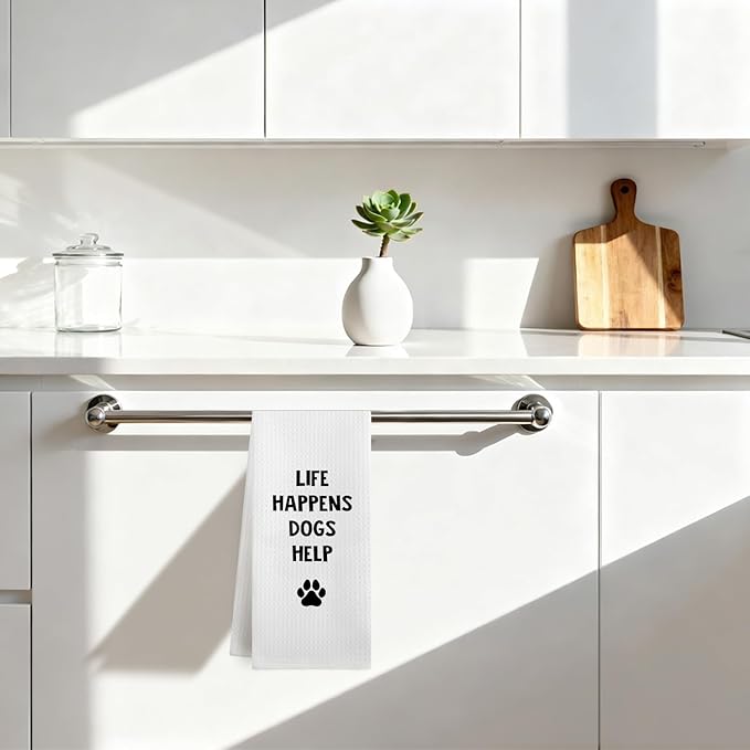 Funny Dog Kitchen Dish Towels, Gifts for Dog Lovers Mom Lady Owners, Life Happens Dogs Help Decorative Hand Tea Towels for Bathroom Kitchen, 16x24 Inches