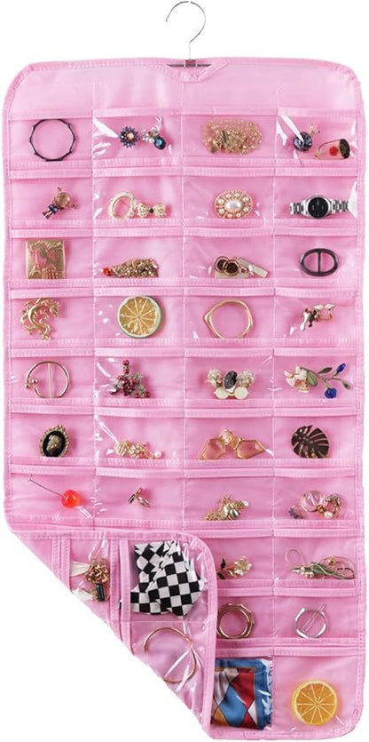 Bloss Valentines Day Gifts for Her,Pink Hanging Jewelry Organizer with 80 Pockets Jewelry Organizers and Storage, Earring Organizer Holder For Jewelry Earring Storage Dating Gifts for Wowen