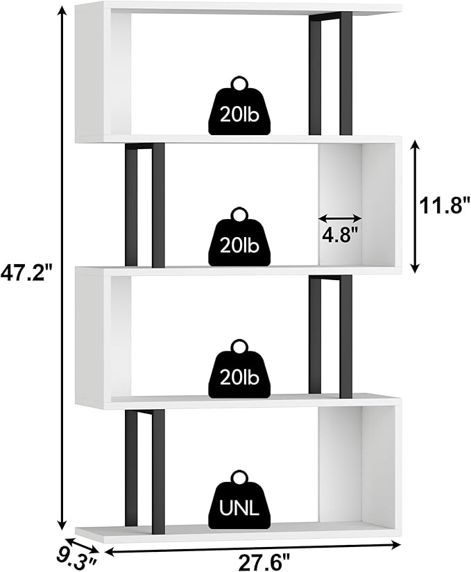Yusong Geometric Bookcase, S Shaped Bookshelf 4-Tier Book Shelves for Bedroom, Modern Wood Decorative Display Shelf Tall Book Case for Home Office, Black and White