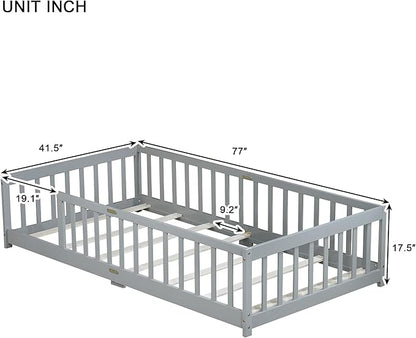 Bellemave Twin Floor Bed with Slats and Safety Guardrails, Kids Montessori Floor Beds with Fence and Without Door, Easy Assemble Floor Bed for Kids, Girls, Boys, Gary