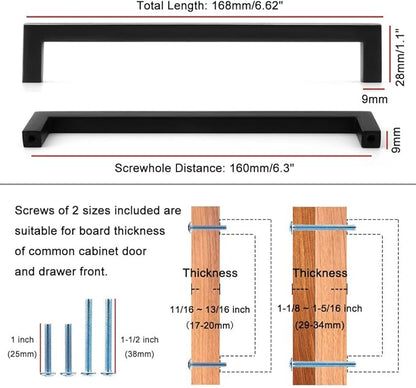 KOOFIZO 30-Pack Solid Square Bar Cabinet Handle - Brushed Nickel Furniture Pull, 6.3 Inch/160mm Screwhole Distance for Kitchen Cupboard Door, Bedroom Dresser Drawer, Bathroom Wardrobe Hardware