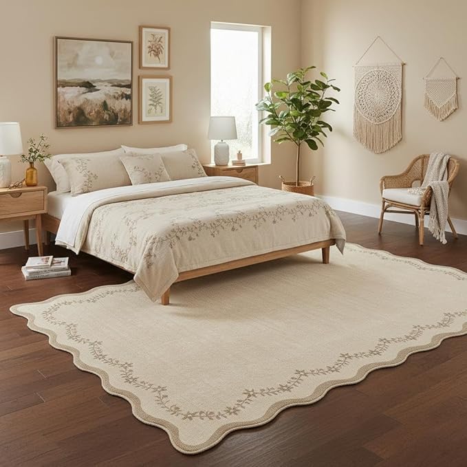 GarveeHome Scalloped Area Rugs 8x10 for Living Room, Solid Tan Jute Large Washable Rug Soft Non Slip Backing Floor Mat Carpet Indoor Thin Rug for Bedroom Dining Room Playroom Nursery Home Decor
