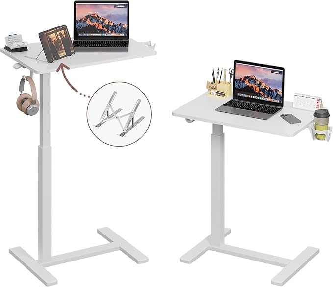Gas Spring Adjustable Height Rolling Portable Laptop Desk, Mobile Standing Desk on Wheels, Small Sit Stand Desk with Laptop Stand/Cup Holder/Hook (White, 26"x19")
