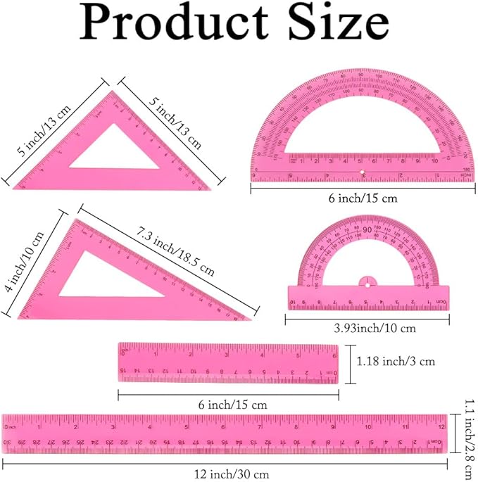 Plastic Clear Ruler Math Set, 6" | 12" Straight Ruler Protractor, 2 Protractors 180 Degree 2 Triangle Rulers 45 | 60 Degree 2 Straight Rulers Measuring Tool for School Office Home Supplie,Pink