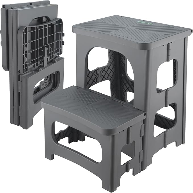 Folding 2-Step Stool for Adults Kids Non-Slip Collapsible Portable Step Stool for Kitchen Home Toilet Bedroom Office Bathroom Rv,Holds 300 Lbs(Grey)
