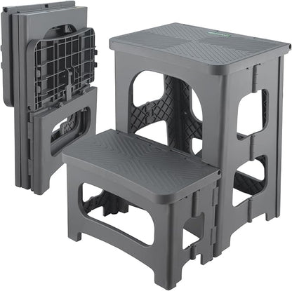 Folding 2-Step Stool for Adults Kids Non-Slip Collapsible Portable Step Stool for Kitchen Home Toilet Bedroom Office Bathroom Rv,Holds 300 Lbs(Grey)