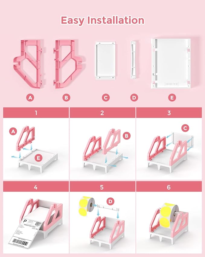 MUNBYN Label Holder for Rolls and Fan-Fold Labels, Thermal Sticker Roll Holder for Desktop Thermal Printer Shipping Supplies Industrial Paper, Pink
