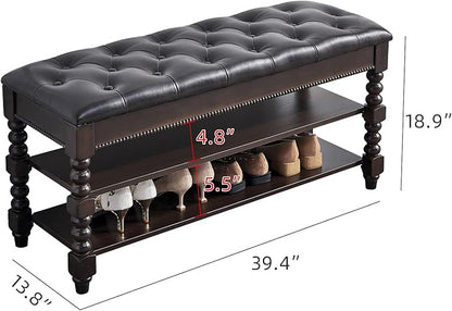 LEILISI Shoe Bench, Wood Storage Bench with Cushion Seat, Shoe Rack with Hidden Storage Space for Entryway Living Room Bedroom Hallway (Walnut, 39.4'')