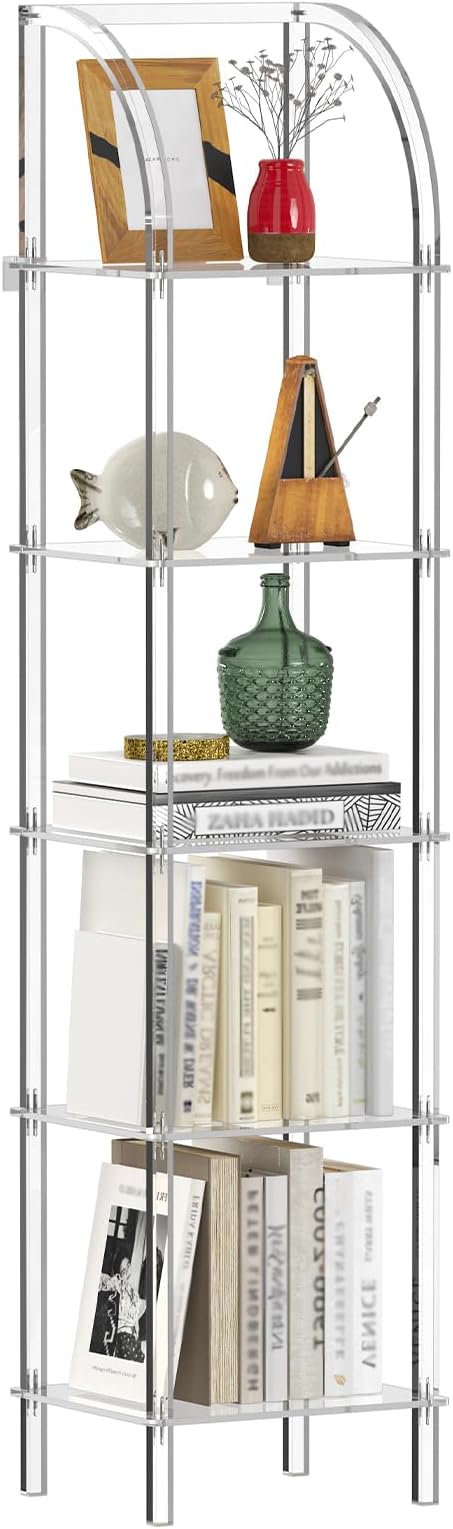 5-Tier Acrylic Arched Bookcase, Square Legs, 13.8''W x 11.8''D x 59.6''H, Clear Narrow Bookshelf for Small Space, Unique Book Shelves for Home Office, Living Room, Bedroom, Modern