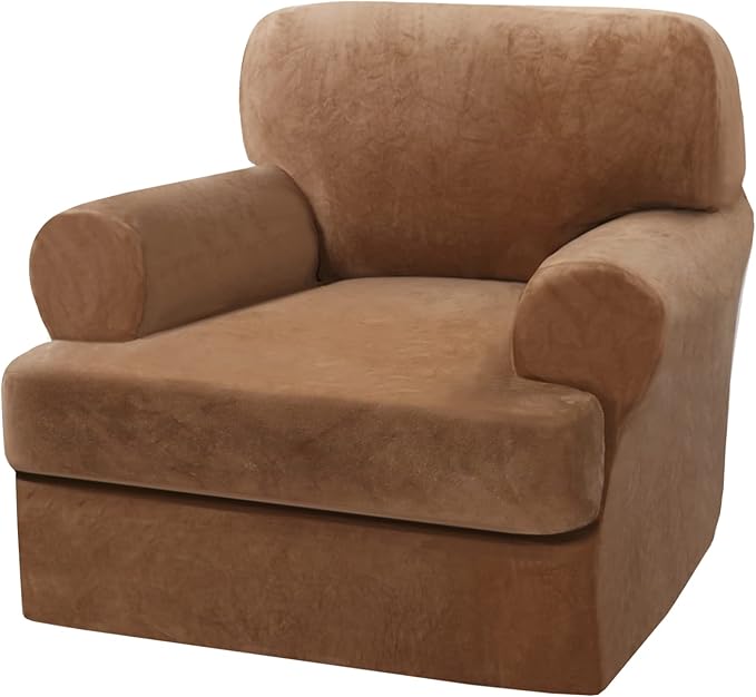 H.VERSAILTEX Sofa Cover 2 Piece T Cushion Armchair Slipcovers Thick Velvet Couch Cover Furniture Protector Stretch T Cushion Sofa Covers for 1 Cushion Couch with 1 Individual T Cushion Covers, Camel