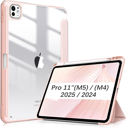 Fintie Hybrid Slim Case for iPad Pro 11-inch (M5) 2025 / (M4) 2024 - [Built-in Pencil Holder] Shockproof Protective Cover with Clear Transparent Back Shell, Rose Gold