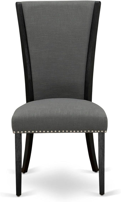 X12VE-0C6-50 - 14-Pc Dining Room Set a Rectangular Dining Table with a coffee Table and 12 Dark Gotham Grey Linen Fabric kitchen Chair, 39x120 Inch, Wire Brushed Black