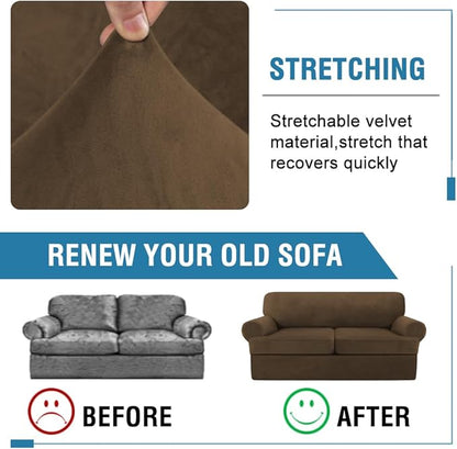 H.VERSAILTEX Sofa Cover 3 Piece T Cushion Sofa Slipcovers Thick Velvet Couch Cover Stretch T Cushion Sofa Covers for 2 Cushion Couch with 2 Individual T Cushion Covers, Bronze Brown