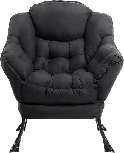 HollyHOME Lazy Chair with Foldable Ottoman,Accent Comfy Lounge Arm Chair and Folding Footrest Stool Set,Leisure Sofa Reading Chair and Footstool for Living Room,Bedroom, Dorm,Peachskin Fabric Black