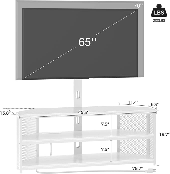 Rolanstar TV Stand with Mount and Power Outlet, Swivel TV Stand with LED Lights for 32/45/55/60/65/70 inch TVs, White Entertainment Center Media Console with Height Adjustable Mount