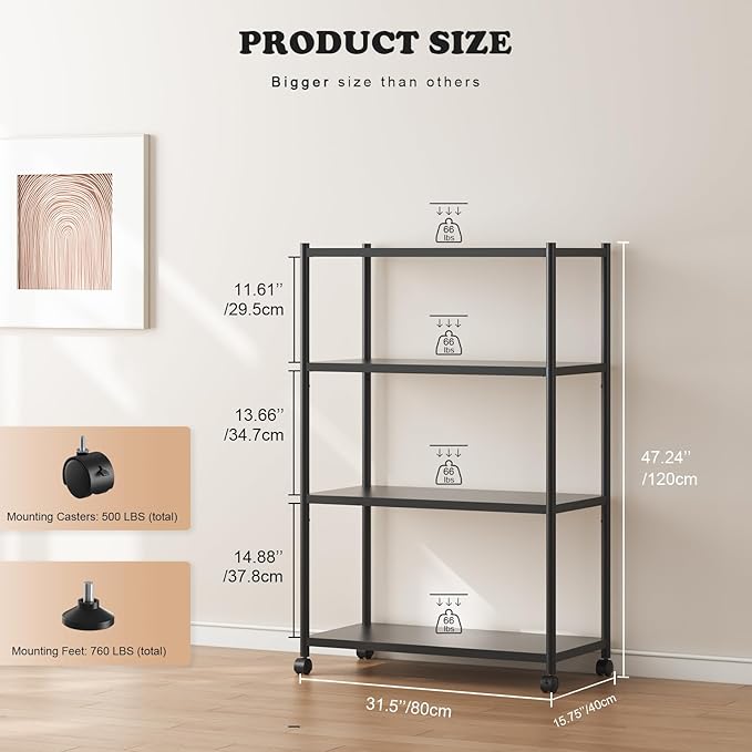 ZZL 4 Tier Bookshelf 31.49" Width,Book Organizers and Storage w/Wheels,Rustic Industrial Book Shelves for Home Office,Bedroom,School,Living Room(Black)
