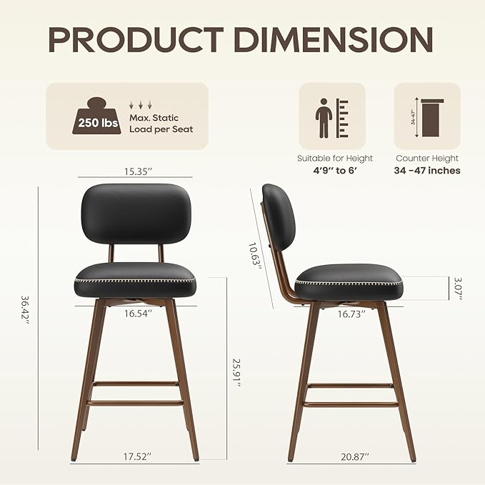 PU Leather Swivel Bar Stools Set of 2, Mid Century Counter Height Bar Chairs with Low Back and Metal Legs, Modern Bar Stool Chair for Kitchen Island, Black