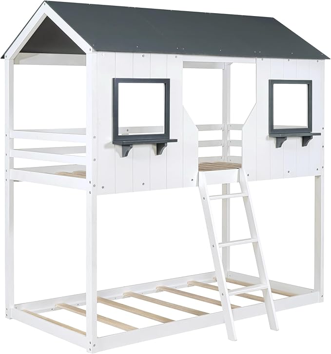 Ball & Cast Twin Over Twin Size Playhouse Bunk Bed with Roof and Window,Wood Bunkbed w/Full-Length Guard Rail & Ladder,Slat Support,Space Saving,Bedroom Furniture for Student Dorms,White