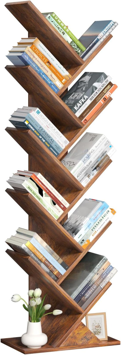 10 Tier Tree Book Shelf, Floor Standing Wood Bookshelf for Narrow Space, Storage Organizer Bookshelves for Books/CDs/Magazine, Bookcase with Shelves for Home Office, Living Room - Brown
