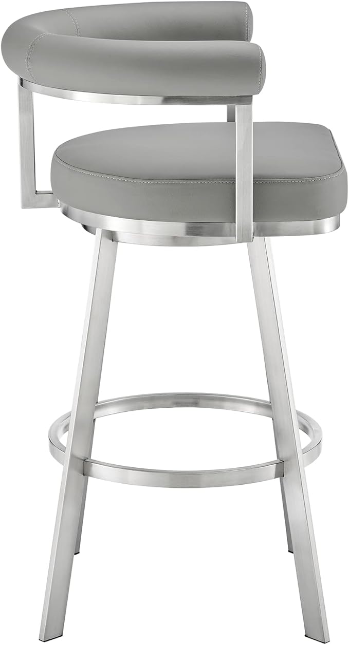 Armen Living Magnolia Swivel Counter Stool in Brushed Stainless Steel with Light Grey Faux Leather