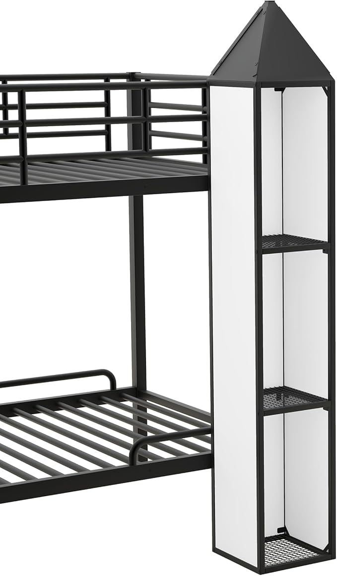 Twin Over Twin Castle-Shaped Bunk Bed with Wardrobe,Open Storage cabinets,a Storage Staircase and guardrails,Metal Stairway BunkBed for Kids Boys/Girls/Teens,Black+White