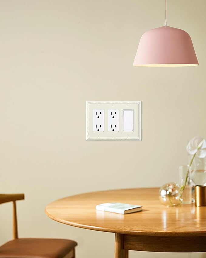 2-Pack Triple Decorator Outlet Cover Plate, Light Almond Pearls Decorative Switch Plates Covers, Metal Wall Plates for Electrical Outlets, Receptacle, GFCI Outlet, Dimmer Switch