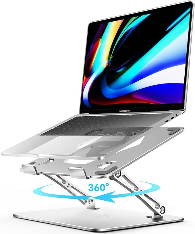 ivoler Adjustable Laptop Stand with 360° Rotating Base, Ergonomic Laptop Stand for Desk, Foldable & Portable Laptop Riser, for Collaborative Work, Fit MacBook Laptops up to 16 inches Silver