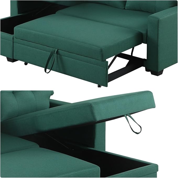 L-Shape Sofa Bed, 82" Sectional Couch with Storage Chaise, Pull Out Sleeper Sofa with Removable Back Cushions, Convertible Corner Couch for Living Room Apartment, Green