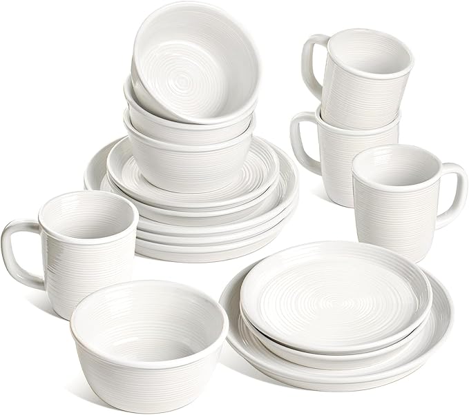 LE TAUCI Dishes Set with Mugs for 4, Stoneware Plates and Bowls Set, 10" Dinner & 8" Salad Plates, 6" Bowls, 18 oz Cups, Stackable, Microwave & Dishwasher Safe Ceramic Dinnerware, 16-Piece, White