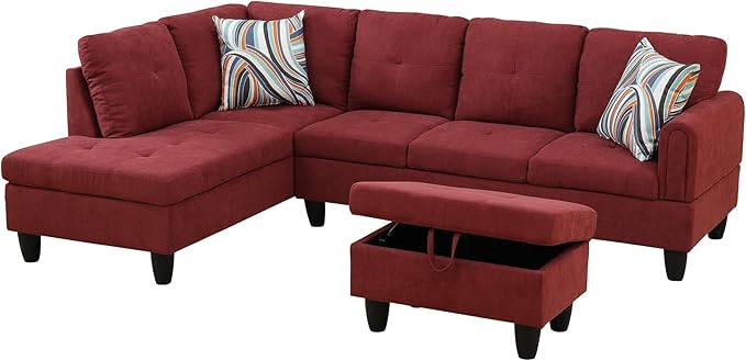 L Shaped Couch Modern Sectional Couch Upholstered Fluffy Fabric 3 Pieces Sofas for Living Room with Chaise, Storage Ottoman for Office and Small Apartment, Red