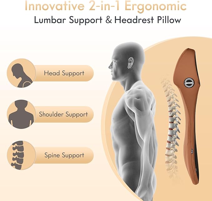 FLORICH Car Seat Lumbar Support with Headrest Pillow Memory Foam Car Lumbar Pillow Back Support Cushion 2-in-1 Ergonomic Back Rest Pillow & Car Neck Pillow for Driving Tailbone Pain Relief, Brown