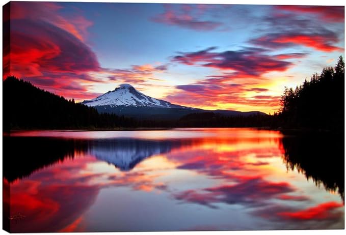 Epic Graffiti Sunrise on The Lake Canvas Wall Art, 26 in x 40 in, Red